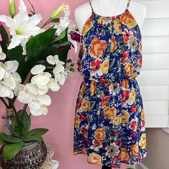 Runway Story Multi Color Floral Watercolor Keyhole Back Flowy Halter Dress - Picture 1 of 9